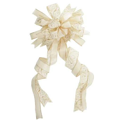 Ivory and Gold Glitter Deluxe Tree Topper Bow with Streamers Clearance