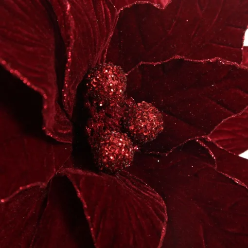 Large Burgundy Poinsettia Flower Stem with Glitter Trim Clearance