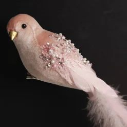 Large Elegant Pink Velvet Bird with Sequins and Feather Tail Store