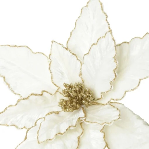 Large Ivory Poinsettia Flower Pick with Gold Glitter Trim Best