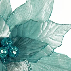 Large Pale Blue Poinsettia Flower Stem with Glitter Trim Cheap