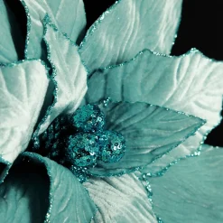 Large Pale Blue Poinsettia Flower Stem with Glitter Trim Cheap