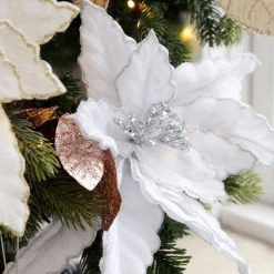Large White Poinsettia Flower Pick with Silver Glitter Trim Cheap