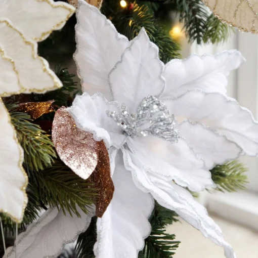 Large White Poinsettia Flower Pick with Silver Glitter Trim Cheap
