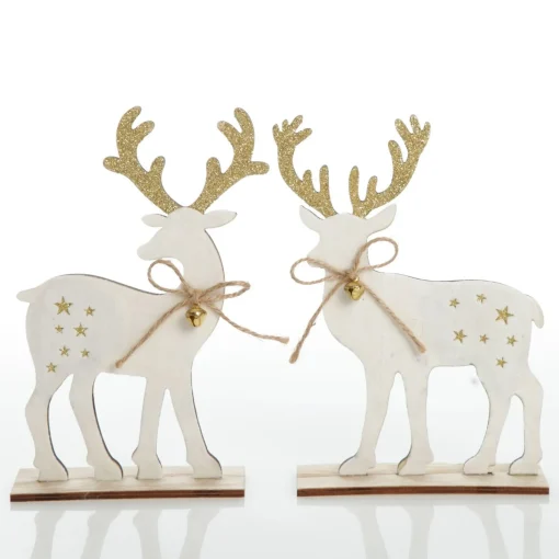 Large White Wood Deers with Gold Glitter Ornaments -Set of 2 Flash Sale