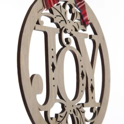 Laser Cut Joy Plywood Hanging Christmas Bauble Tartan bow Discount