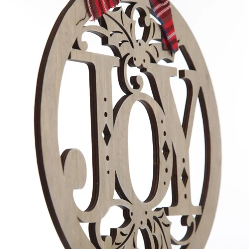 Laser Cut Joy Plywood Hanging Christmas Bauble Tartan bow Discount