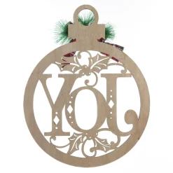 Laser Cut Joy Plywood Hanging Christmas Bauble Tartan bow Discount