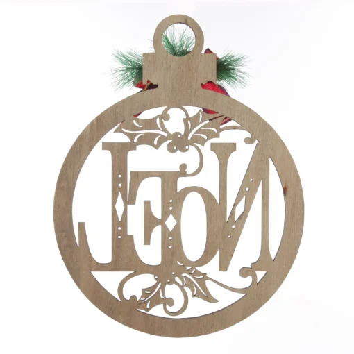 Laser Cut Noel Plywood Hanging Christmas Bauble Tartan bow Cheap