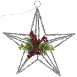 Lightup Silver Tinsel Wire 3D Star Tree Topper with Cone and Berry Hot