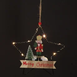 Lightup Wire Star Hanging Christmas Ornament with Nutcracker Holding Tree Flash Sale