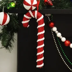 Medium Glitter with Braid and Twine Candy Cane Christmas Decoration - Set of 2 Clearance