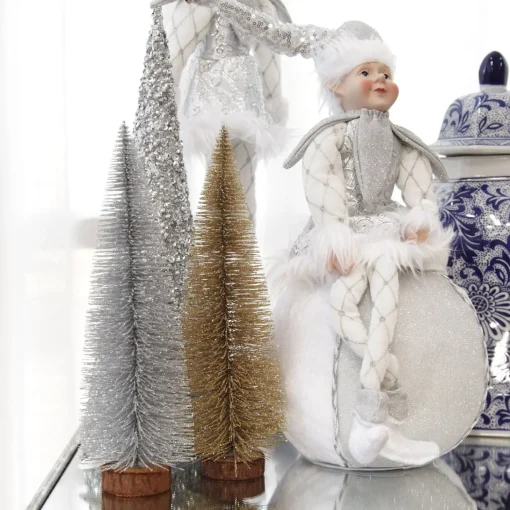 Medium Gold Bottle Brush Christmas Tree on Wooden Base Flash Sale