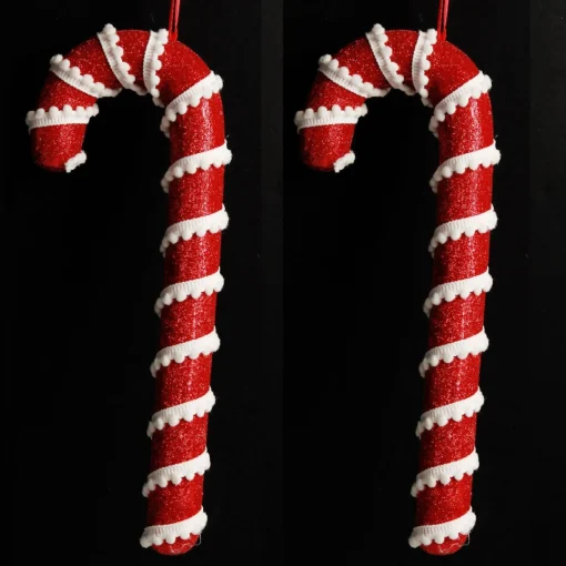 Medium Red Glitter with Braid Candy Cane Christmas Decoration - Set of 2 Cheap