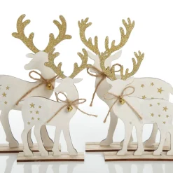 Medium White Wood Deers with Gold Glitter Ornaments -Set of 2 Sale