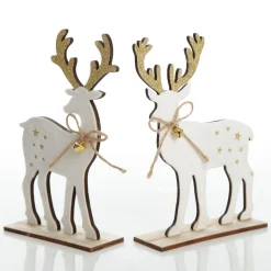Medium White Wood Deers with Gold Glitter Ornaments -Set of 2 Sale