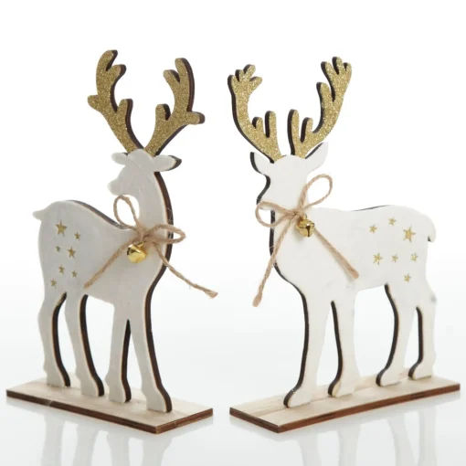 Medium White Wood Deers with Gold Glitter Ornaments -Set of 2 Sale