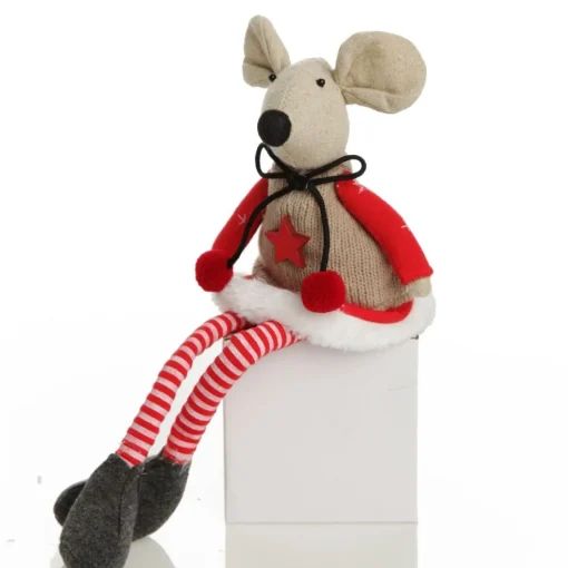 Natural Calico Fabric Girl Mouse with Red Dress and Stripey Legs Clearance