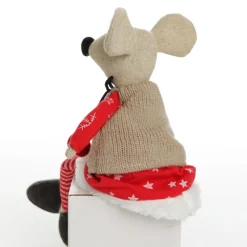 Natural Calico Fabric Girl Mouse with Red Dress and Stripey Legs Clearance