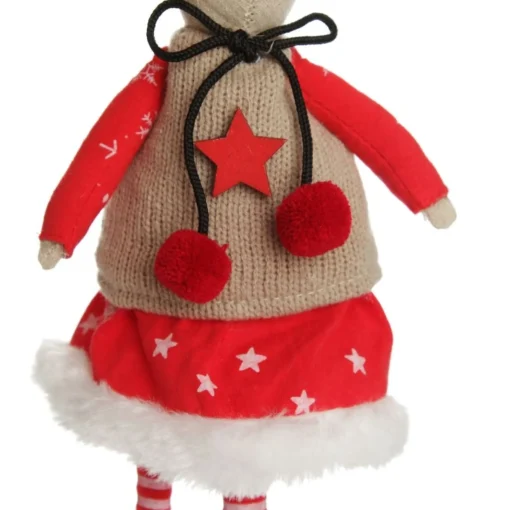 Natural Calico Fabric Girl Mouse with Red Dress and Stripey Legs Clearance