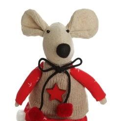 Natural Calico Fabric Girl Mouse with Red Dress and Stripey Legs Clearance
