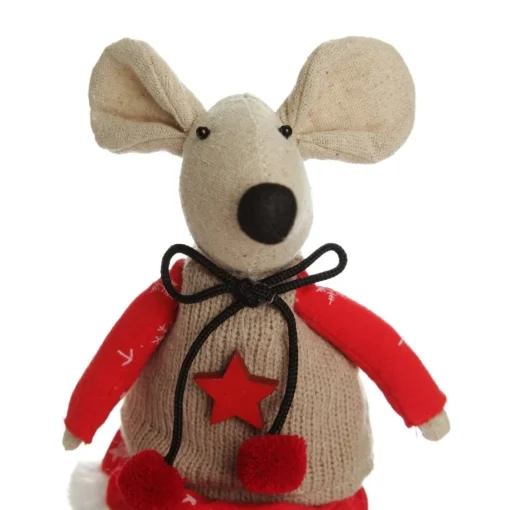 Natural Calico Fabric Girl Mouse with Red Dress and Stripey Legs Clearance