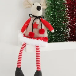Natural Calico Fabric Girl Mouse with Red Dress and Stripey Legs Clearance