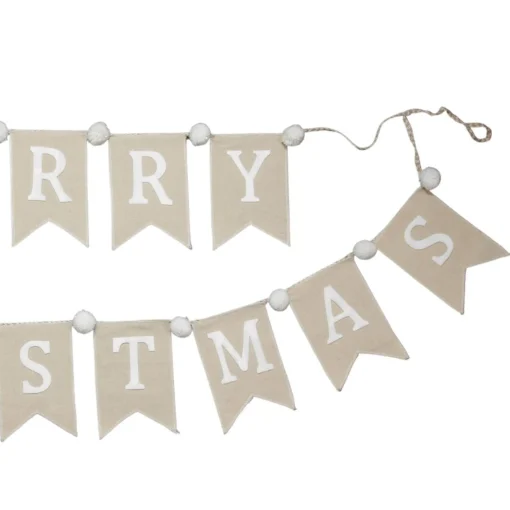 Natural Linen and White Merry Christmas Bunting with Pom Poms Flash Sale