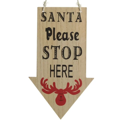 Natural Wood Santa Please Stop Here Arrow Sign - Red Reindeer Online