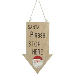 Natural Wood Santa Please Stop Here Arrow Sign - Santa Face Fashion