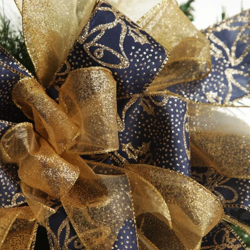Navy and Gold Glitter Deluxe Tree Topper Bow with Streamers Cheap