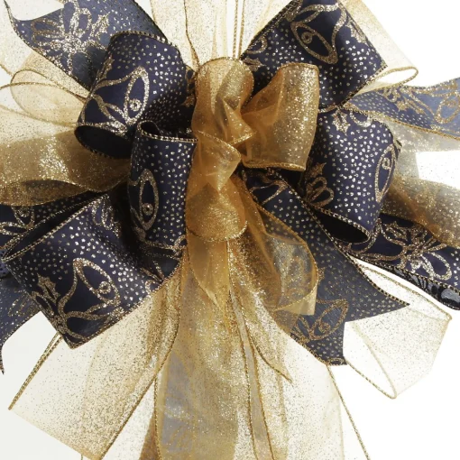 Navy and Gold Glitter Deluxe Tree Topper Bow with Streamers Cheap