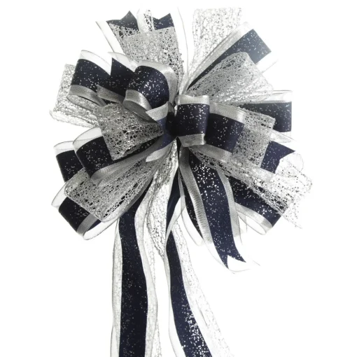 Navy Blue and Silver Deluxe Tree Topper Bow with Streamers Fashion