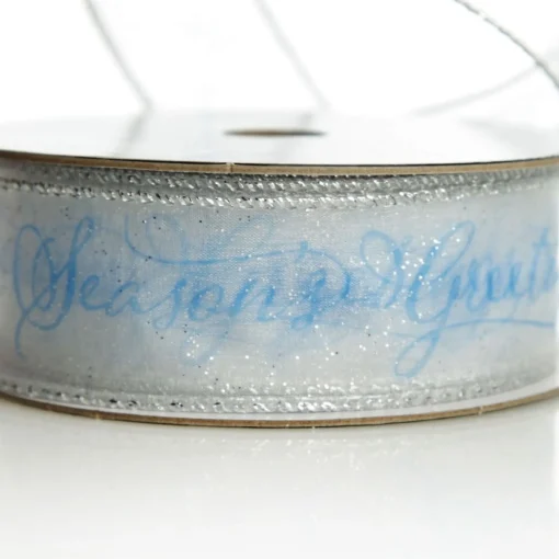 Organza Silver and Blue Seasons Greetings Wired Ribbon - 3.8cm Online
