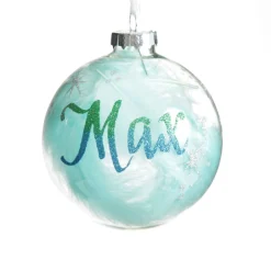 Personalised Blue Feather Clear Glass Christmas Bauble Clearance