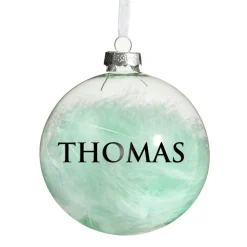 Personalised Blue Feather Clear Glass Christmas Bauble Clearance