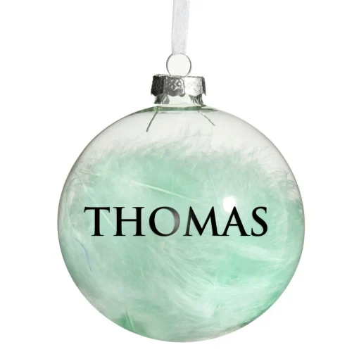 Personalised Blue Feather Clear Glass Christmas Bauble Clearance