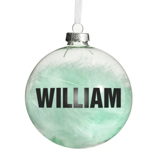 Personalised Blue Feather Clear Glass Christmas Bauble Clearance