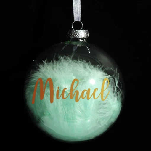 Personalised Blue Feather Clear Glass Christmas Bauble Clearance