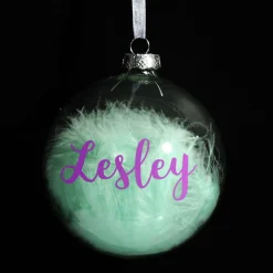 Personalised Blue Feather Clear Glass Christmas Bauble Clearance