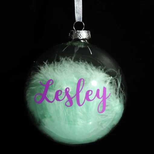 Personalised Blue Feather Clear Glass Christmas Bauble Clearance