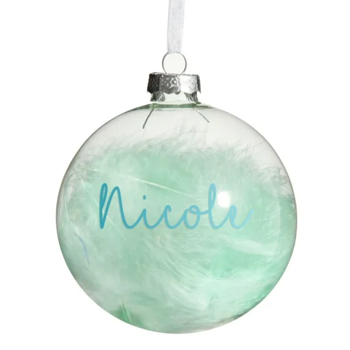 Personalised Blue Feather Clear Glass Christmas Bauble Clearance