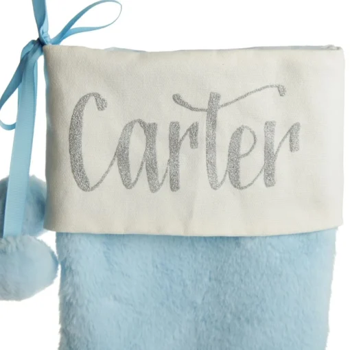 Personalised Blue Fur Christmas Stocking with Pom Poms Cheap