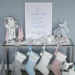 Personalised Blue Fur Christmas Stocking with Pom Poms Cheap