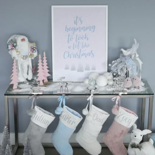Personalised Blue Fur Christmas Stocking with Pom Poms Cheap