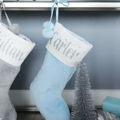 Personalised Blue Fur Christmas Stocking with Pom Poms Cheap