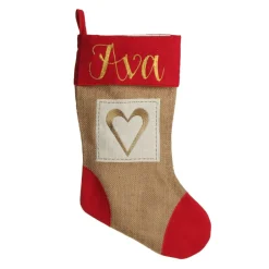 Personalised Burlap and Linen Heart Stocking with Red Trim New