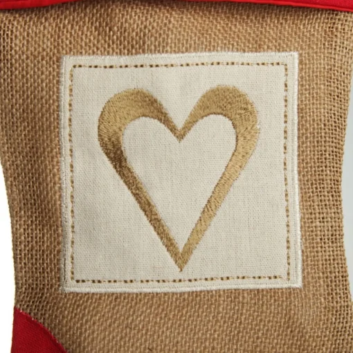Personalised Burlap and Linen Heart Stocking with Red Trim New