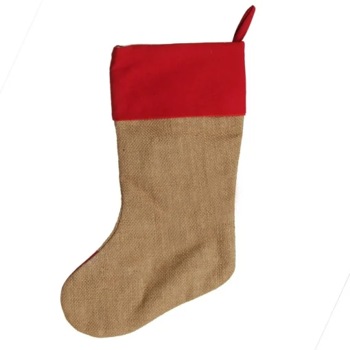 Personalised Burlap and Linen Heart Stocking with Red Trim New