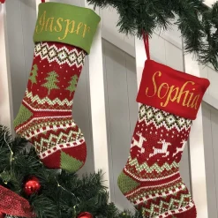 Personalised Knitted Tree Christmas Stocking - Green Cuff New